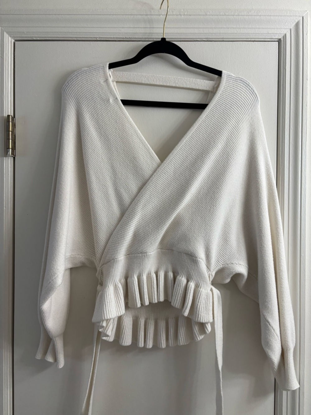 vestique Cream Wrap V-Neck Ruffle-Hem Sweater